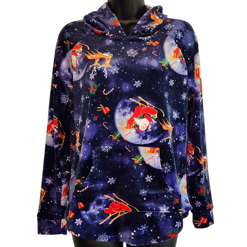 Santa sleigh microfiber hoodie blue size L *missing pull string in hood*